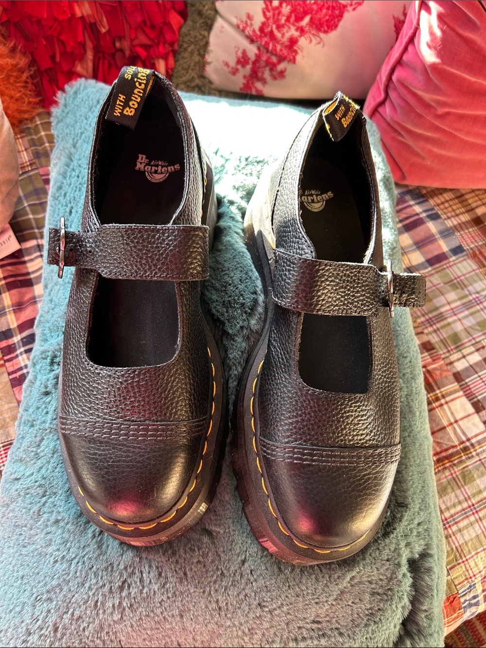 Dr. Martens Black Platform Mary Janes Pebble Black Leather with Yellow Stitching